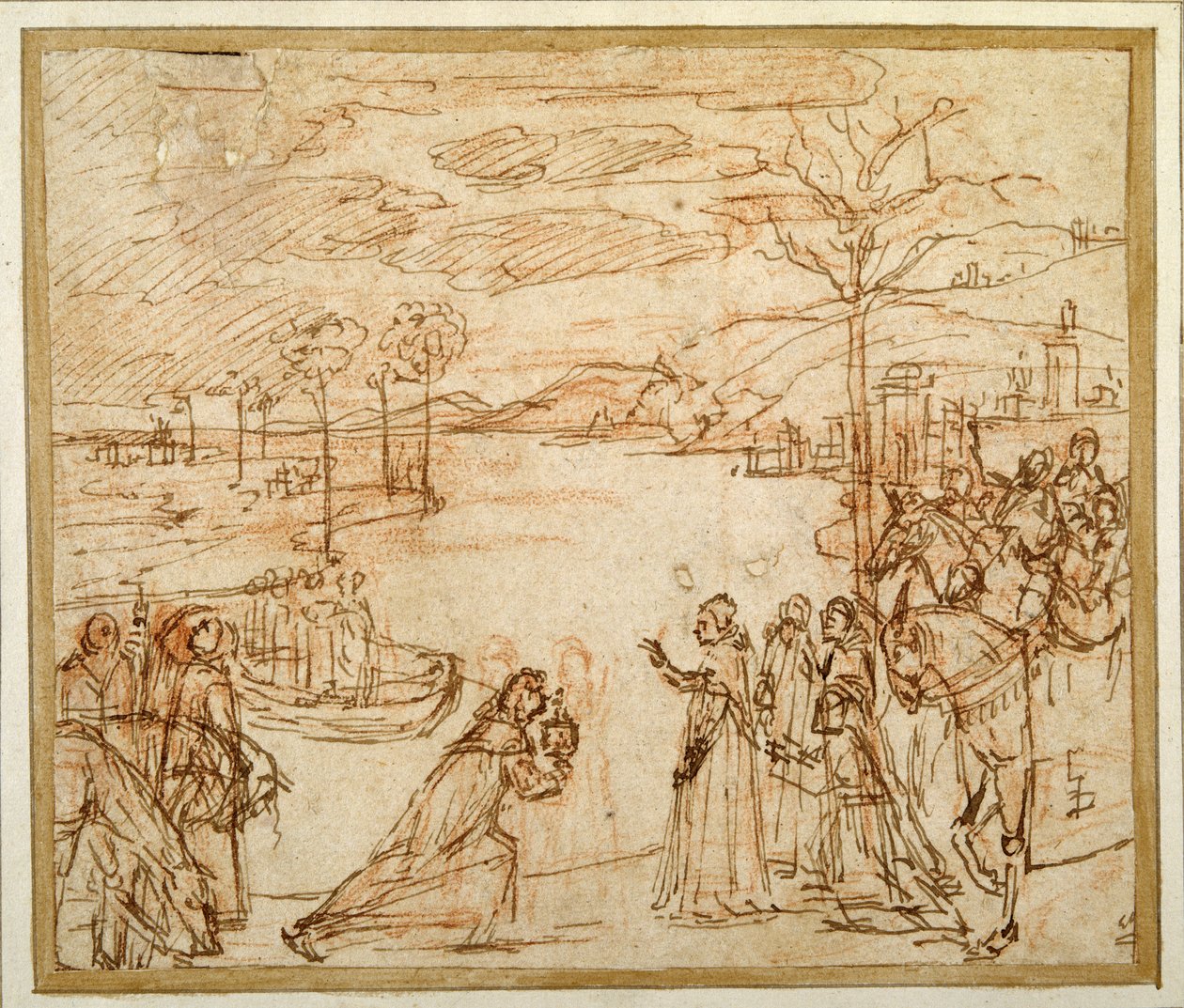 Kardinal Bessarion presenterer for tre representanter for Scuola della Carita i Venezia relikvieskrinet med et fragment av det sanne korset (penn og blekk over kritt på papir) av Vittore Carpaccio