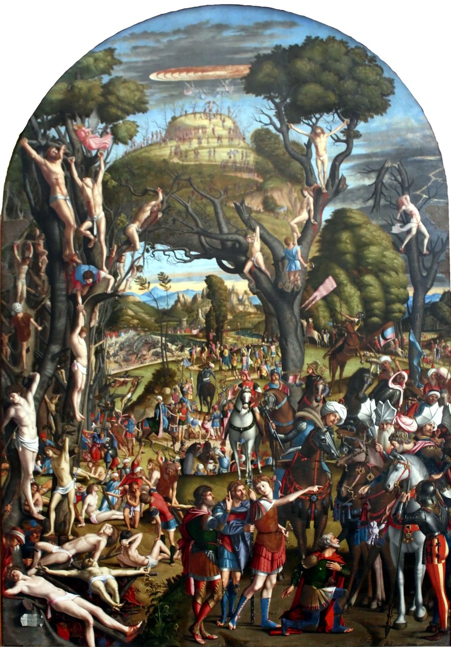 Korsfestelse og apoteose av de ti tusen martyrene på Ararat-fjellet. av Vittore Carpaccio