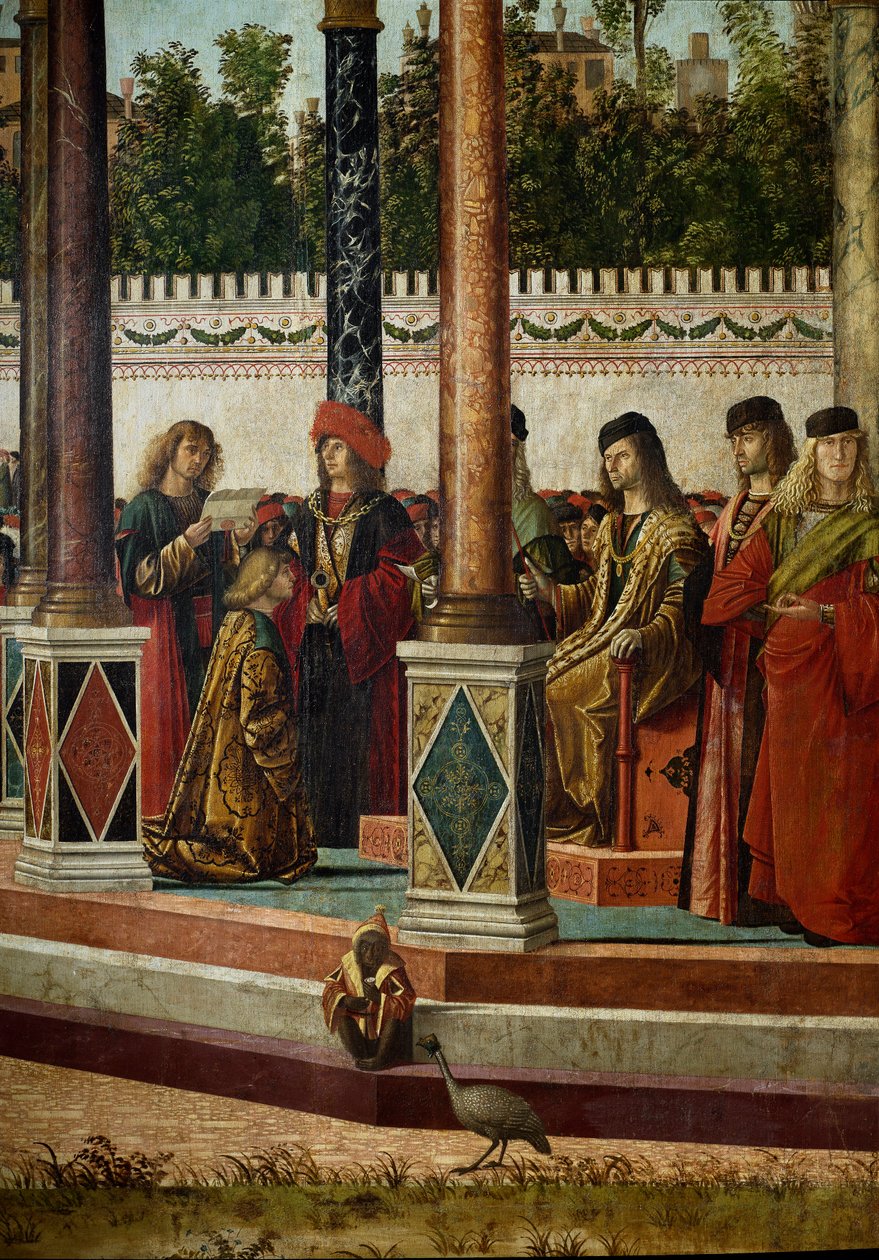 Syklus av livet til Saint Ursula (bretonsk prinsesse). Tredje episode: ambassadørene tilbake til kongen av England. Detalj som representerer kongen. Utdrag fra legende doree av Jacques de Voragine (ca. 1228-1298). Maleri av Vittore Scarpazza dit av Vittore Carpaccio