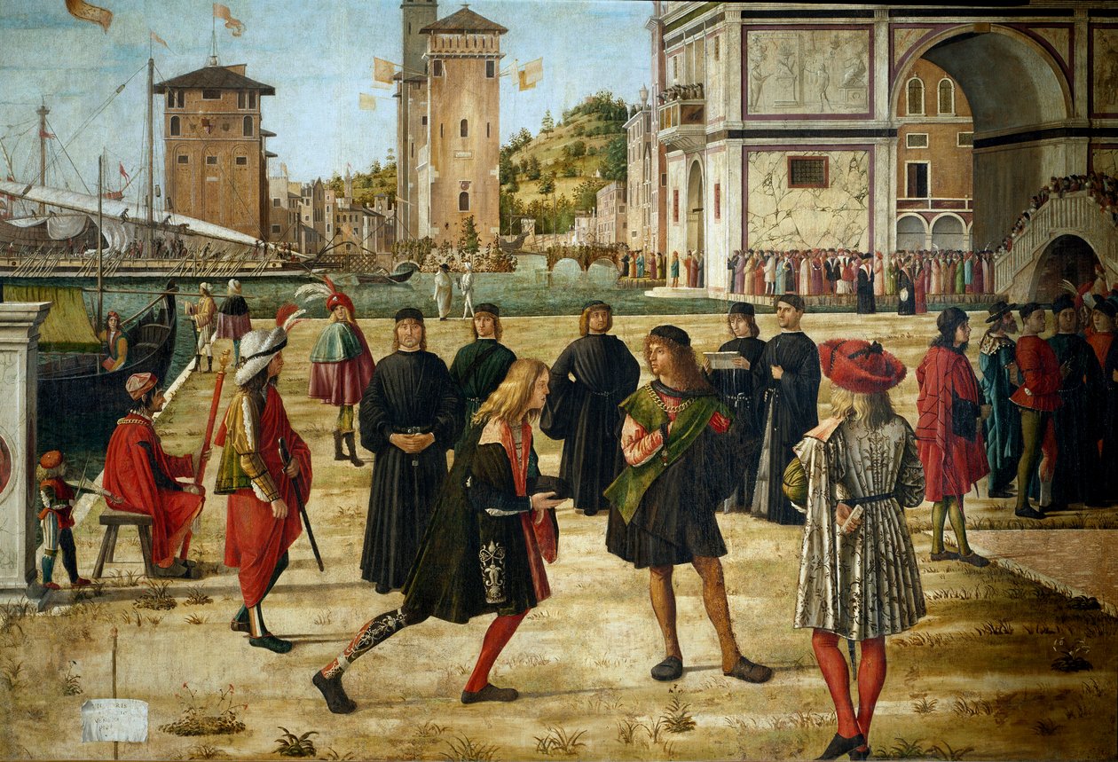 Syklus av livet til Saint Ursula (bretonsk prinsesse). Tredje episode: ambassadørene tilbake til kongen av England. Detalj som representerer ambassadørene. Utdrag fra legende doree av Jacques de Voragine (ca. 1228-1298). Maleri av Vittore Scarpa av Vittore Carpaccio