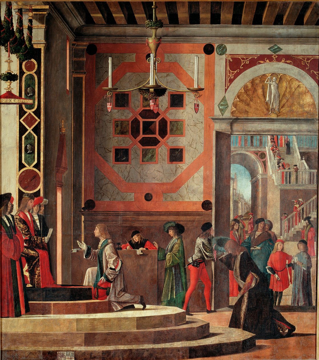 Syklus av livet til Saint Ursula, andre bord: Farvel (eller avgang) av ambassadører. (olje på panel av Vittore Carpaccio