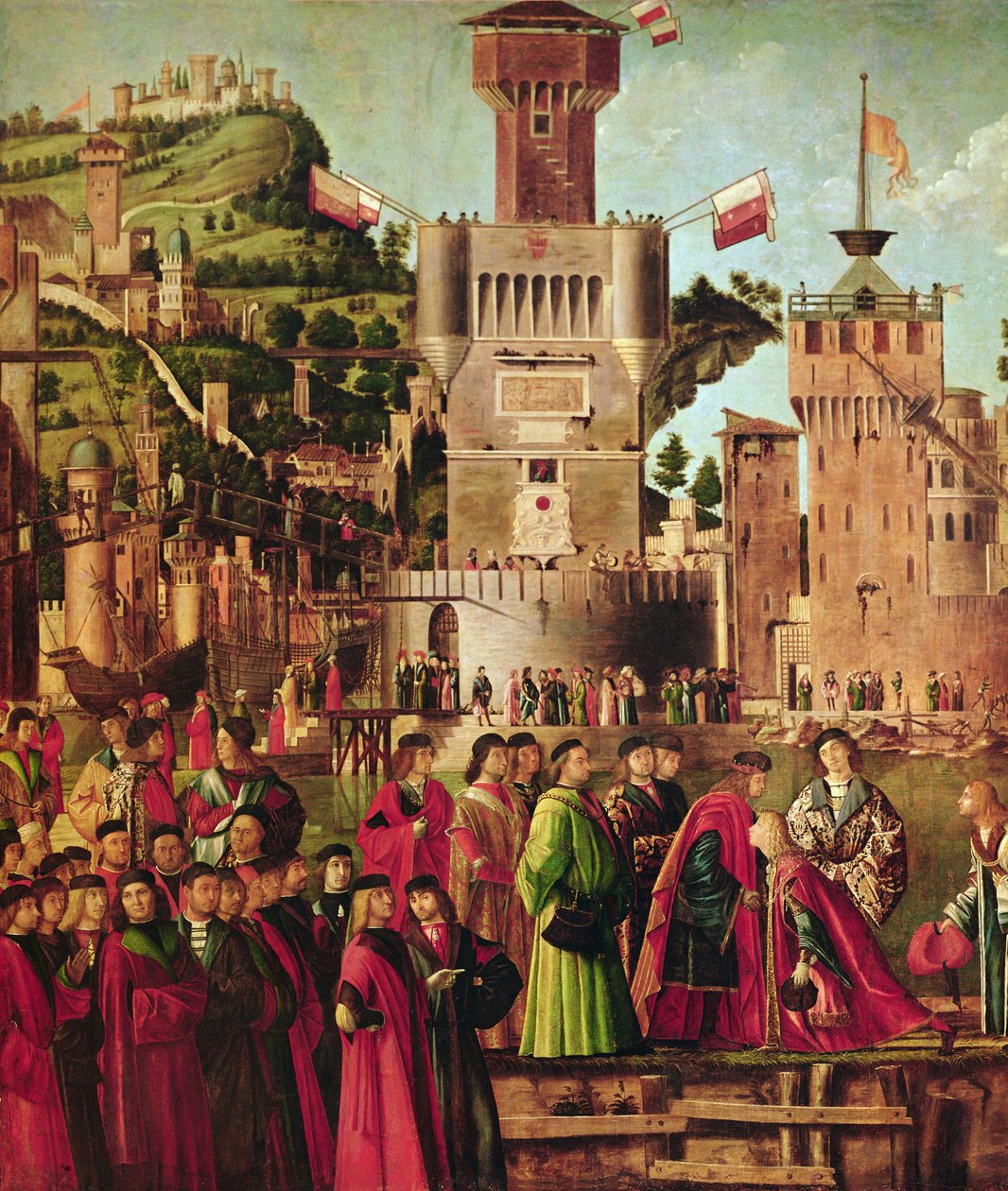 Detalj av møtet mellom Etherius og Ursula og pilegrimenes avgang, fra St. Ursula-syklusen, ca. 1490-96 (detalj av 56472) av Vittore Carpaccio