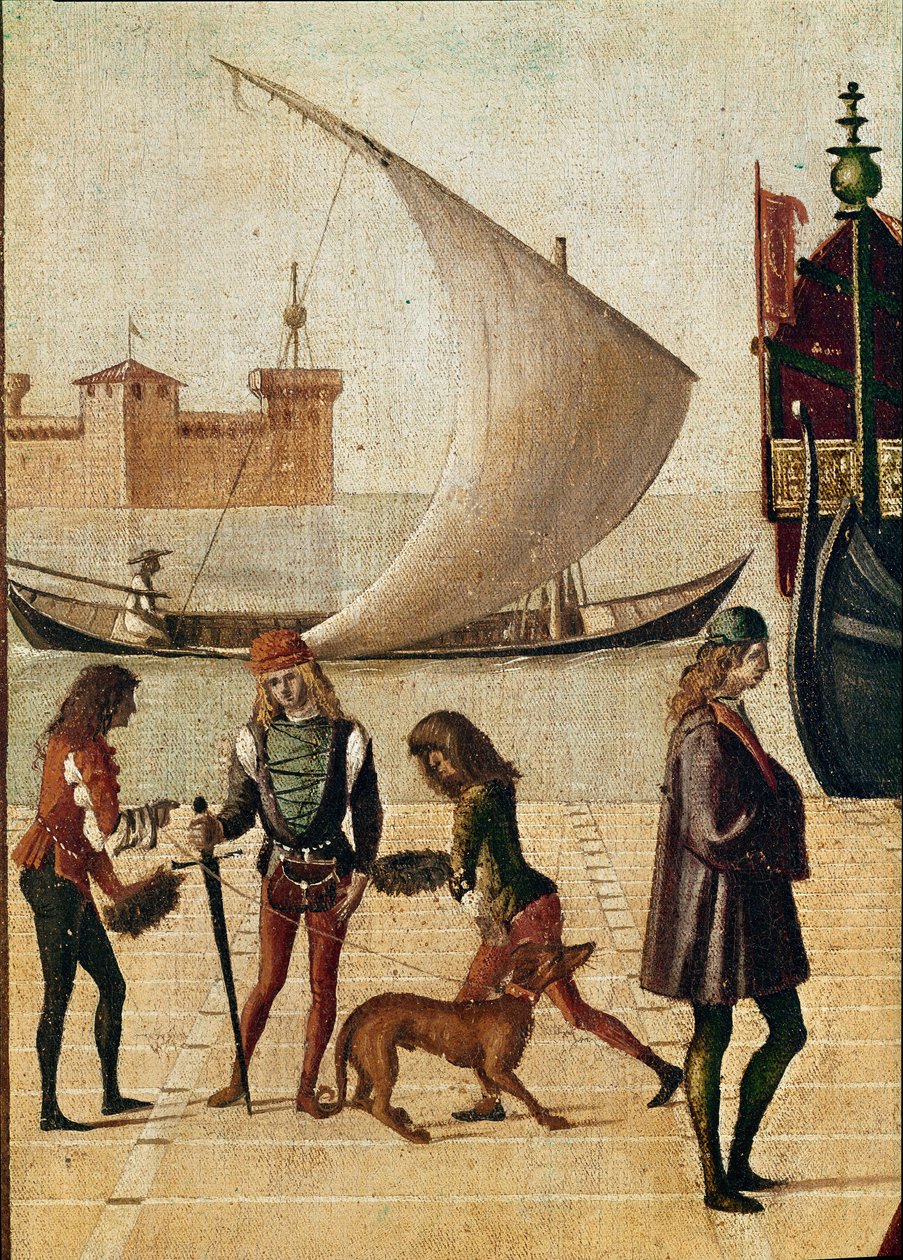 Legend of st Ursula: detaljankomst av ambassadørene (fra den gyldne legenden av Jacopo da Varagine) (temperaa på lerret av Vittore Carpaccio
