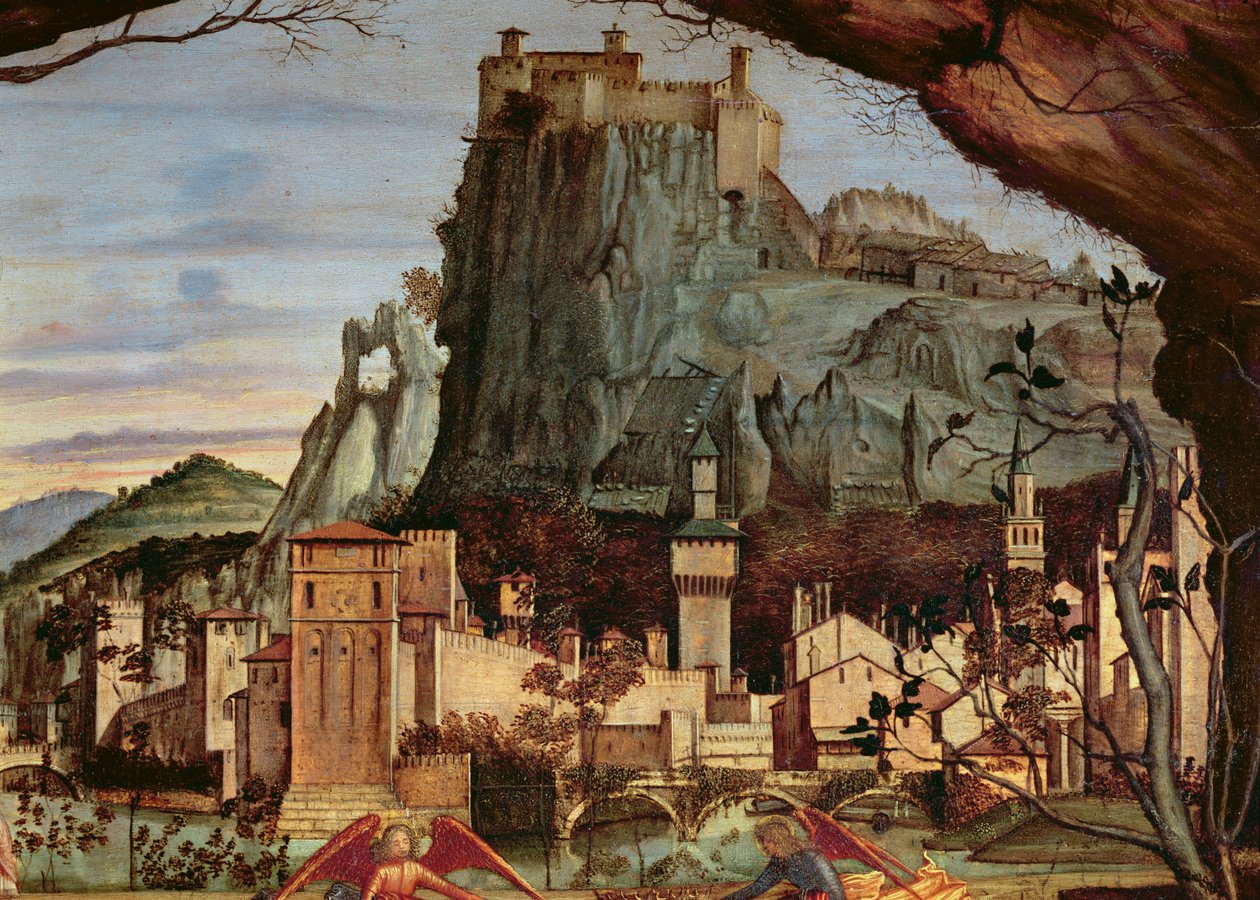 Sacra conversazione, detalj av byen og slottet i bakgrunnspaneldetaljen til 84002 av Vittore Carpaccio