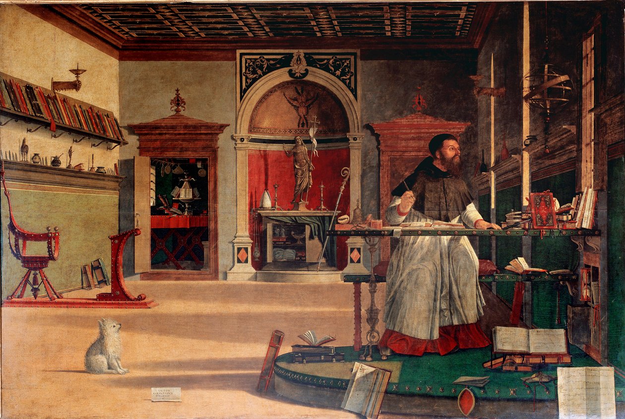 Saint Augustine på sitt kontor eller "The vision of Saint Augustine" Eveque of Hippo er representert i et øyeblikk med stor inspirasjon. Maleri av Vittore Carpaccio (ca. 1460-1526) 1502-1507 Søn. 141x210 cm Venezia, Scuola di San Giorgio degli Schiavoni av Vittore Carpaccio