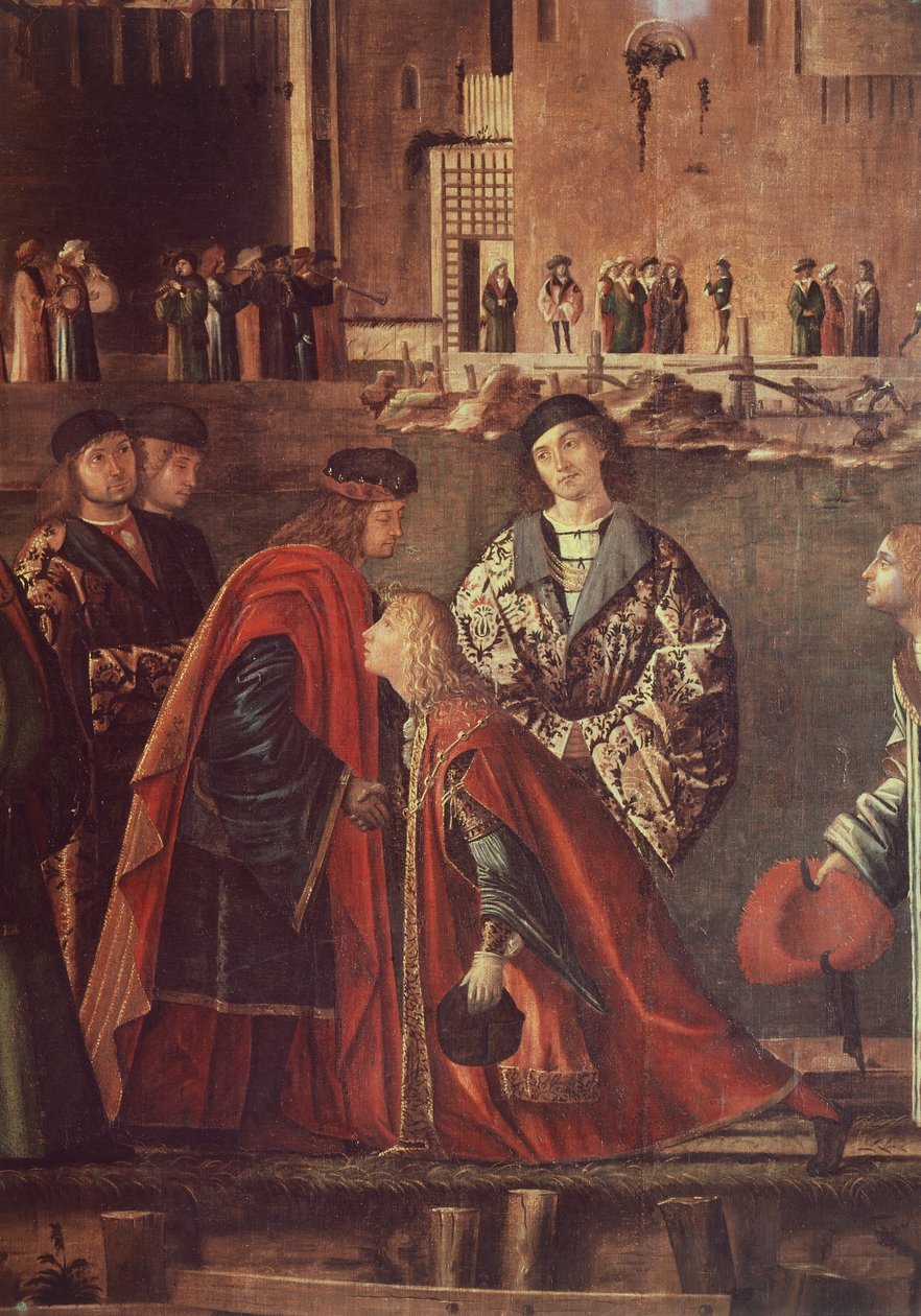 Historier om St Ursula, møte mellom Etherius og Ursula og pilegrimers avgang, Ereo tar avskjed med sin far, av Vittore Carpaccio (ca 1465- ca 1526), tempera på lerret, 280x611 cm av Vittore Carpaccio
