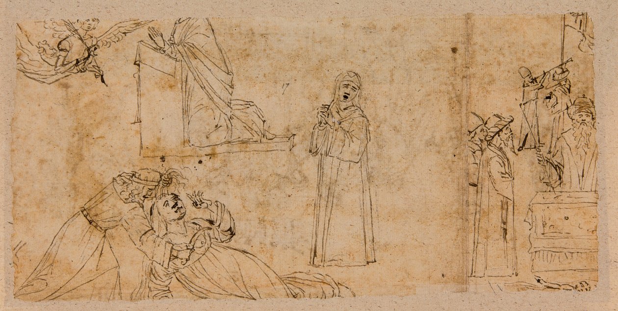 Studier for en kunngjøring; for St. Agathas martyrium; for en sørgende Madonna (penn og blekk over kritt på papir) (verso av 5933930) av Vittore Carpaccio