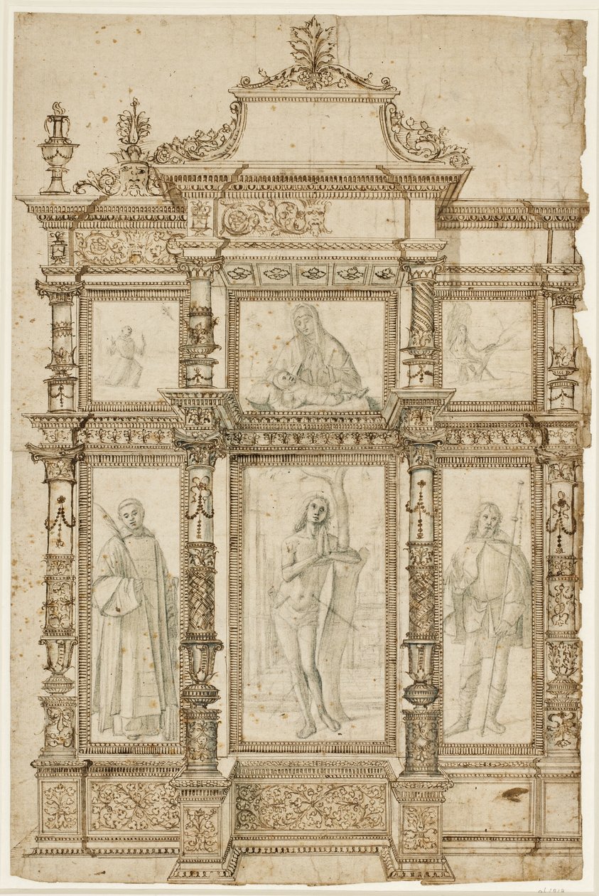 Studie for en altertavle med seks bilder satt i en utsmykket struktur av rammer. Øverst: Stigmatiseringen av St Francis, Madonna og Child, St Hieronymus i villmarken; nederst: Sts Lawrence, Sebastian og Roch av Vittore Carpaccio