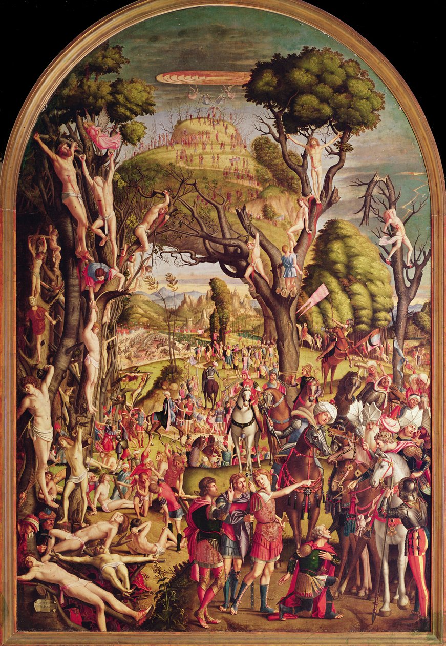 Korsfestelsen og glorifiseringen av de ti tusen martyrene på Ararat-fjellet av Vittore Carpaccio