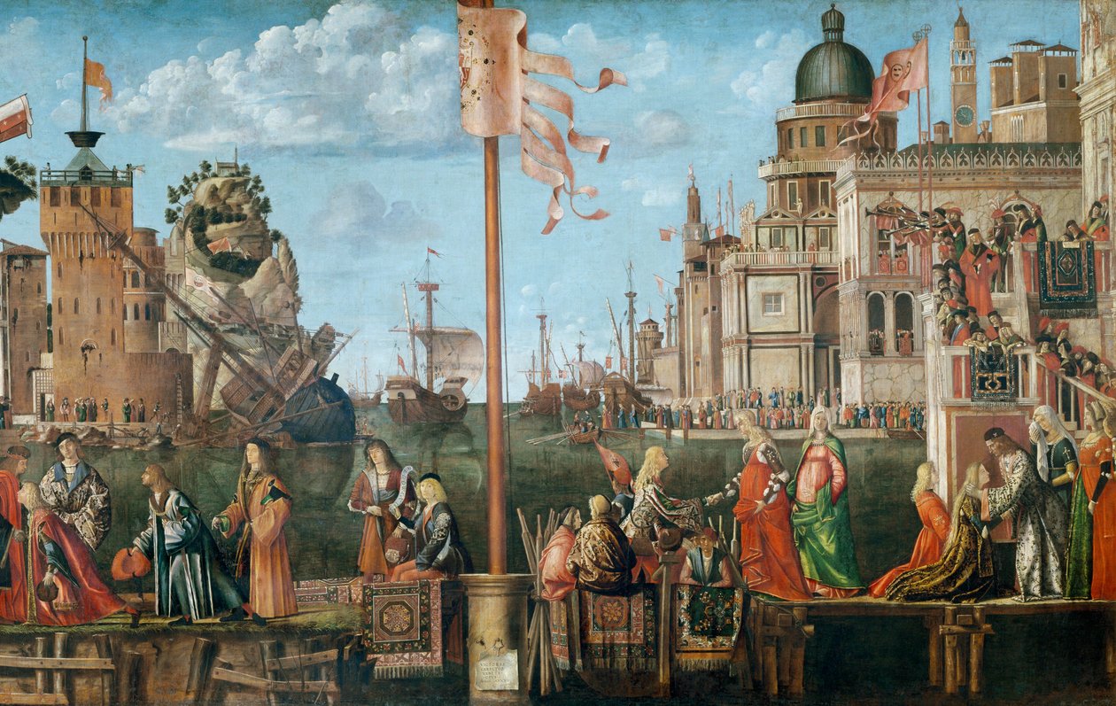 Møtet mellom Etherius og Ursula og pilgrimenes avgang, fra St. Ursula-syklusen, opprinnelig i Scuola di SantOrsola, Venezia, 1498 (detalj av 56472) av Vittore Carpaccio