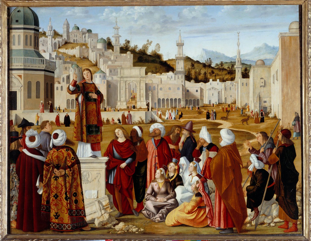 The Prediction of St. Stephen in Jerusalem Maleri del av en serie utført for kapellet til Scuola si Santo Stefano i Venezia. Maleri av Vittore Carpaccio (1450/54-1525/26) søn. 1,4x1,9 m - The Preken of St. Stephen (St. Etienne) i Jerusalem. Den av Vittore Carpaccio