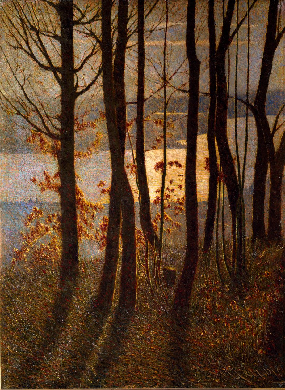 Morgen eller "" Pantheistic Poem"" Landskap av underskog nær en vannmasse ved daggry. Maleri av Vittore Grubicy av Dragon (1851-1920) Milano, Galleria d