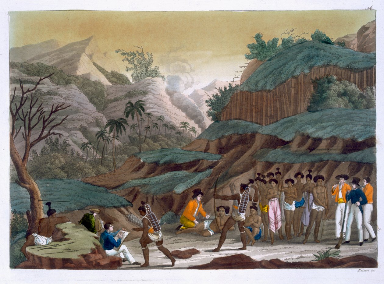 Første møte mellom franske oppdagere med urbefolkningen, Island of Ombay, plate 14 fra 