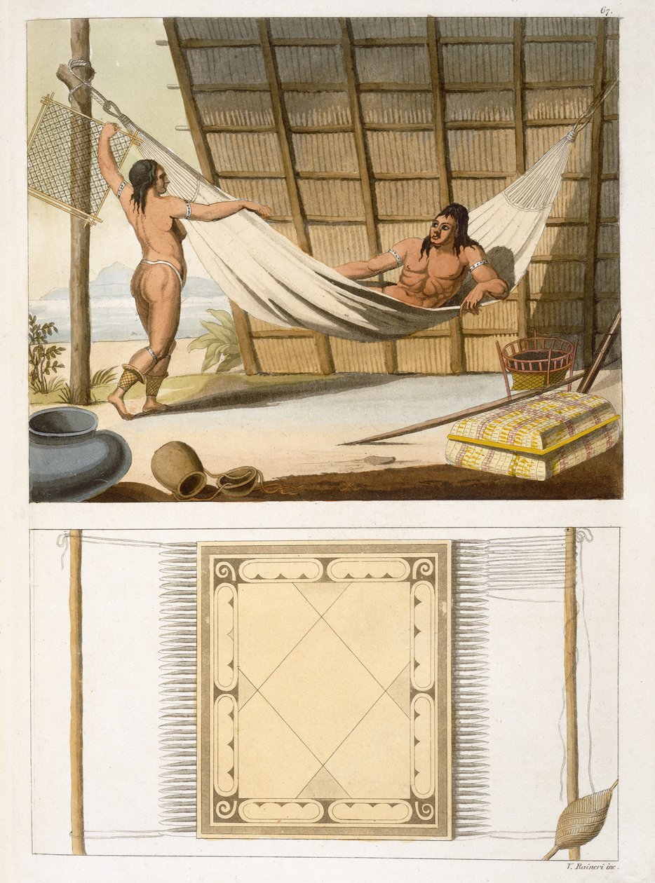 Interiørscene som viser indianere (fargegravering) av Vittorio Raineri