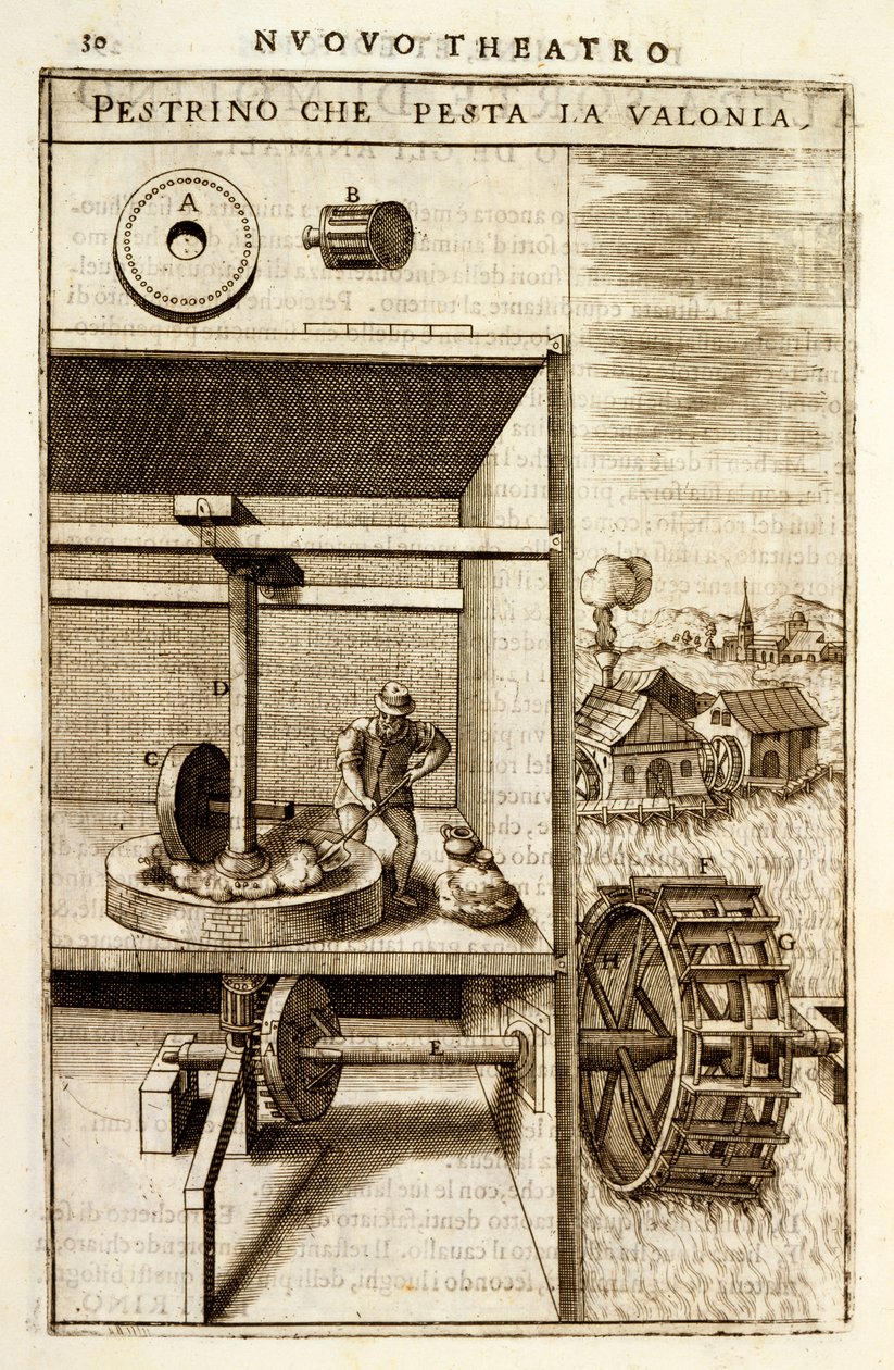 En vanndrevet knuse- eller fresemaskin, 1607 av Vittorio Zonca