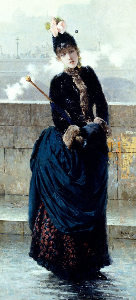Lady on bridge in Paris av Vittorio Matteo Corcos (1859-1933), olje på lerret av Vittorio Matteo Corcos