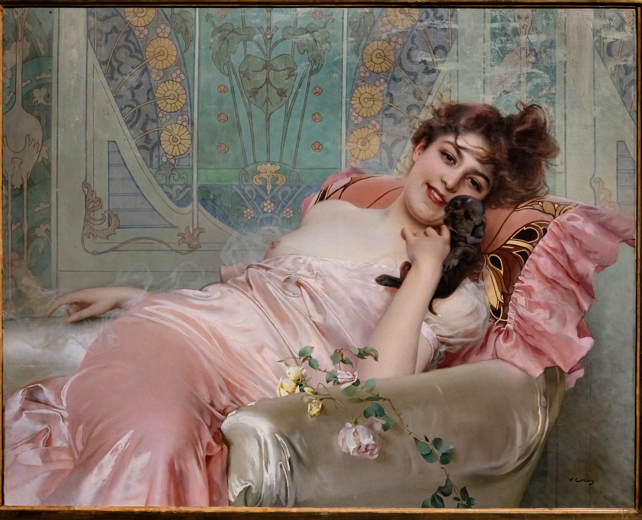 Dame med en liten hund av Vittorio Matteo Corcos