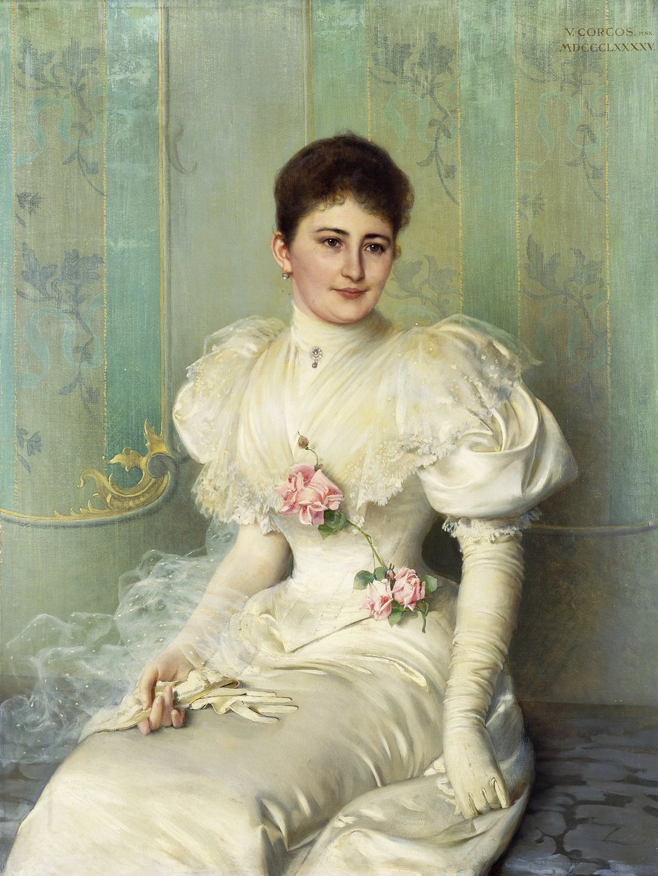 Portrett av en dame, sittende i trekvart lengde, iført en hvit kjole av Vittorio Matteo Corcos