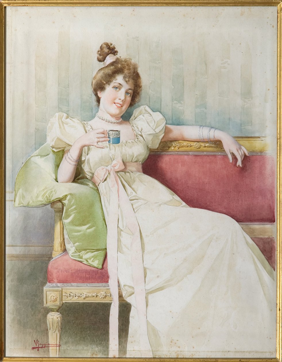 Dame på sofaen (akvarell på papir) av Vittorio Reggianini
