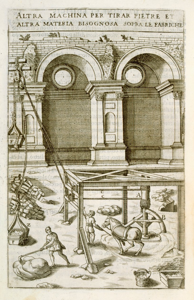 Hestedrevet maskin for løfting av byggematerialer, fra 'New Theatre of Machines and Buildings', pub. 1607 av Vittorio Zonca