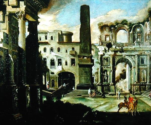 Byscene i Italia med gamle ruiner (olje på lerret) av Viviano Codazzi