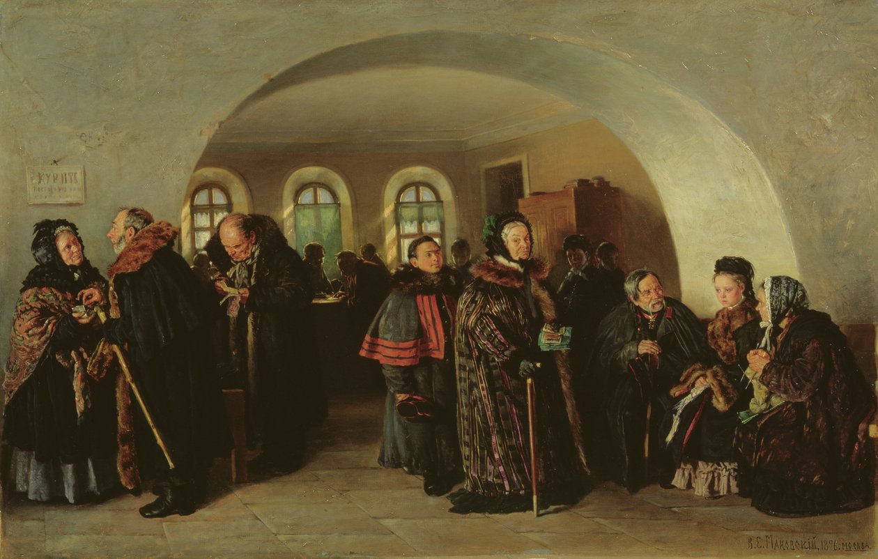Skattkammeret på pensjonsdagen, 1876 av Vladimir Egorovic Makovsky