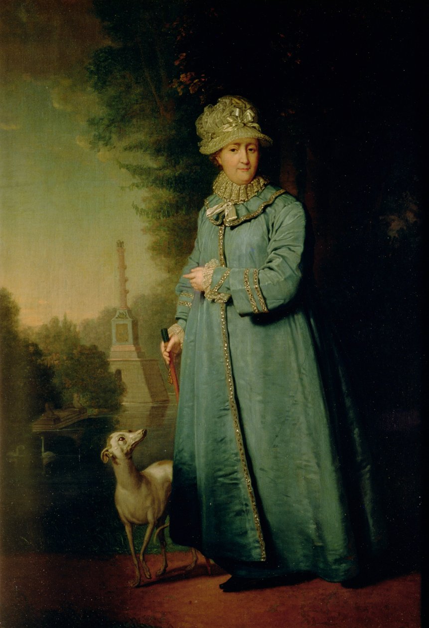 Vandre i parken ved Tsarskoye Selo (med sjakksøylen i bakgrunnen) 1794 av Vladimir Lukich Borovikovsky