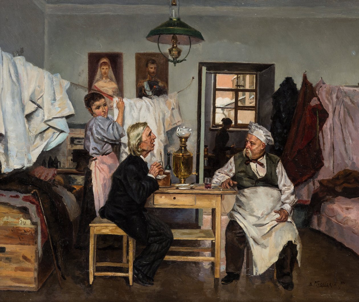 På samovaren, av Makovsky, Vladimir Yegorovich (1846-1920). Olje på lerret av Vladimir Egorovic Makovsky