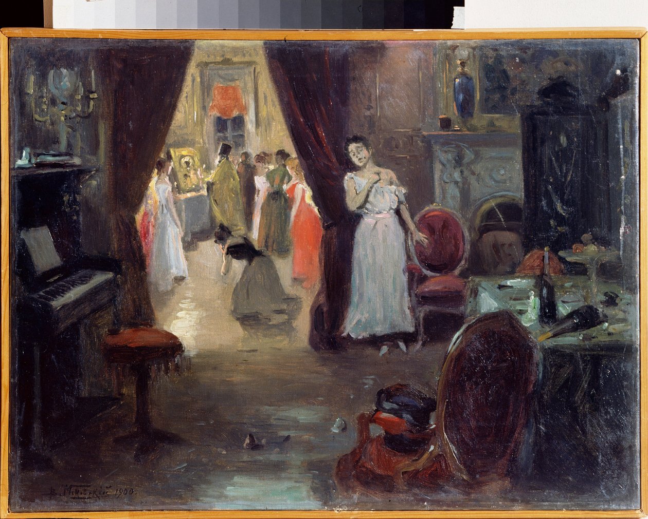 Velsignelsen av et bordell. (Innvielsen av en bror). På et bordell samles prostituerte, noen gråter eller klager, bak en ortodoks prest som ber foran et ikon og stearinlys. I forgrunnen et piano og en av Vladimir Egorovic Makovsky