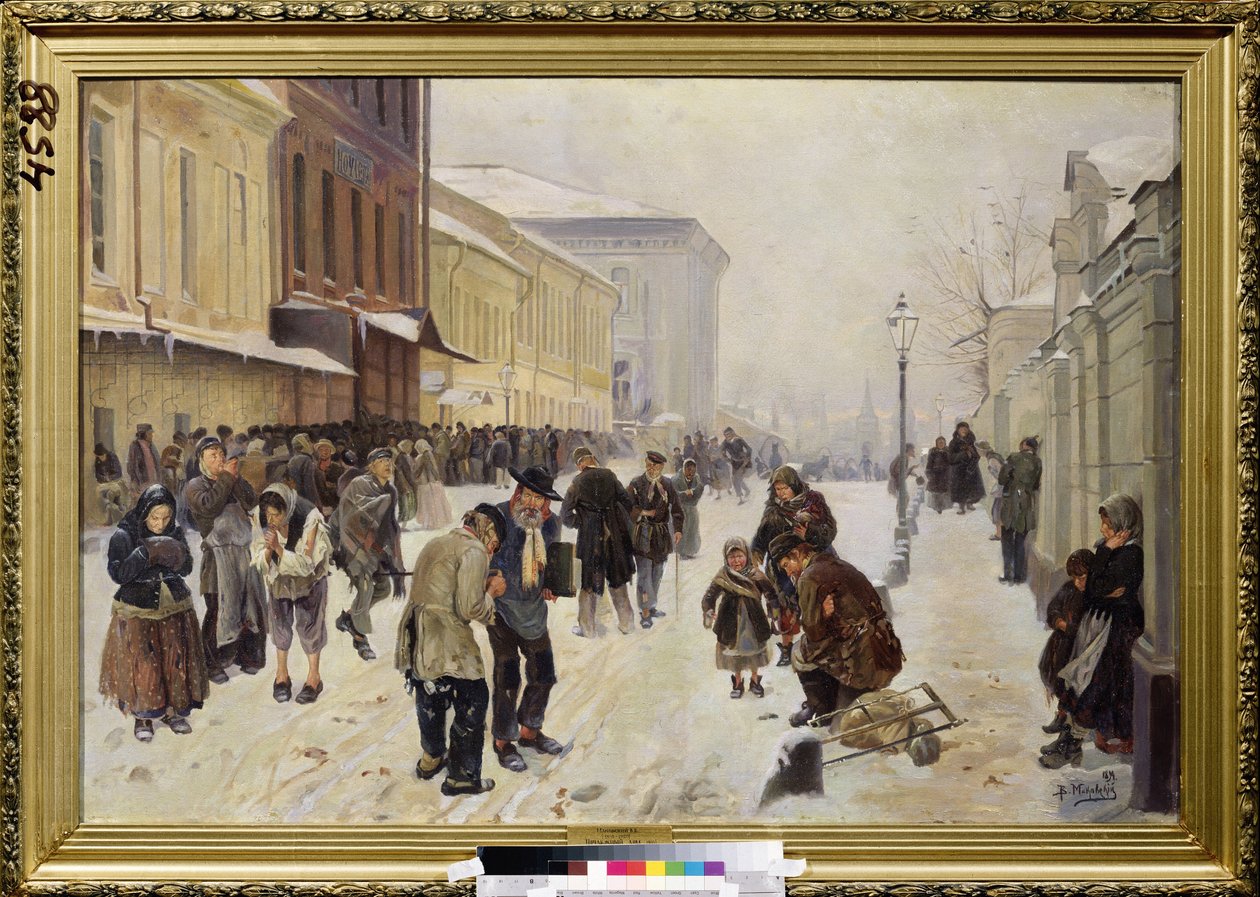 The Night Asylum (Dosshouse). Gatebilde, en mengde trengende, hjemløse mennesker er samlet foran mottaksbygningen, lider av kulde og fattigdom. Maleri av Vladimir Yegorovich Makovsky (Makovsky, Makovskij) (1846-1920), olje på lerret av Vladimir Egorovic Makovsky