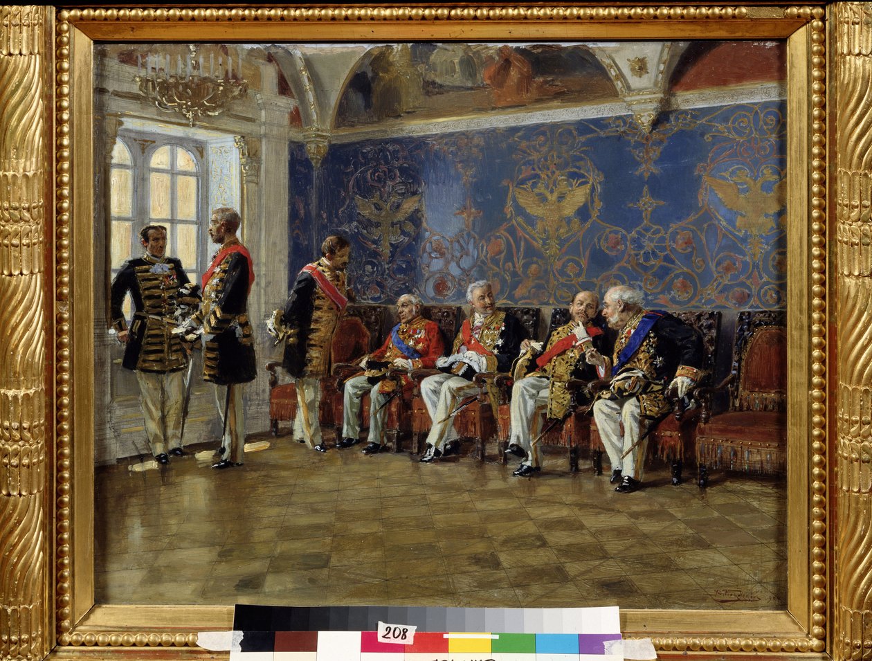 Venter på et publikum. Venterom med karakterer i offisiell drakt med alle æresdekorasjoner og attributter til deres adel og funksjoner venter og diskuterer før de blir mottatt av tsaren. pei av Vladimir Egorovic Makovsky