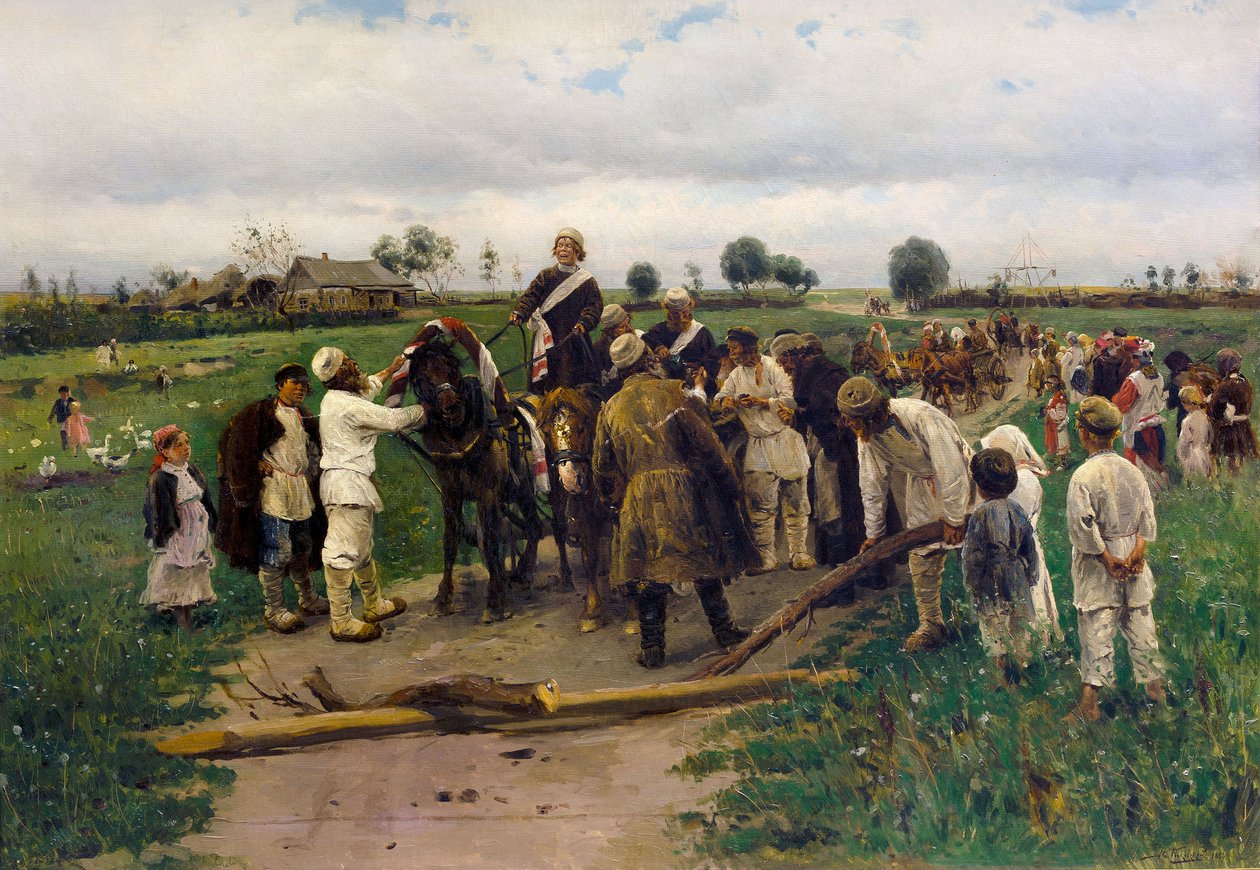 Betaling av løsepenger for bruden. Maleri av Vladimir Makovsky - Betale løsepenger for bruden - Vladimir Yegorovich Makovsky (1846-1920). olje på lerret av Vladimir Egorovic Makovsky