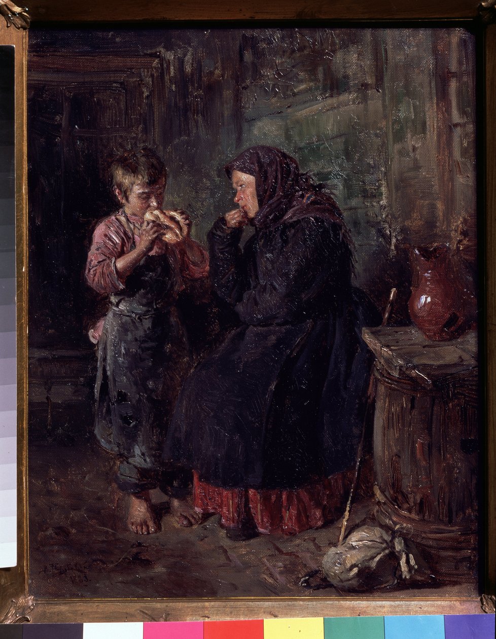 Gjenforeningen (The Reunion). En mor som har kommet for å besøke barnet sitt, stokk og ryggsekk liggende på bakken, hun har fortsatt frakken og skjerfet på hodet og sluker sønnen med øynene mens han spiser en slags brioche. Han er barbeint, av Vladimir Egorovic Makovsky