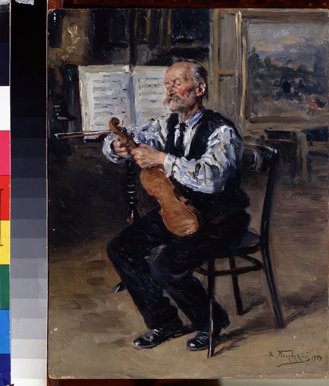 Luthier (Luthier). Håndverkeren stemmer en fiolin. Maleri av Vladimir Yegorovich Makovsky (Makovsky, Makovskij) (1846-1920), olje på lerret av Vladimir Egorovic Makovsky