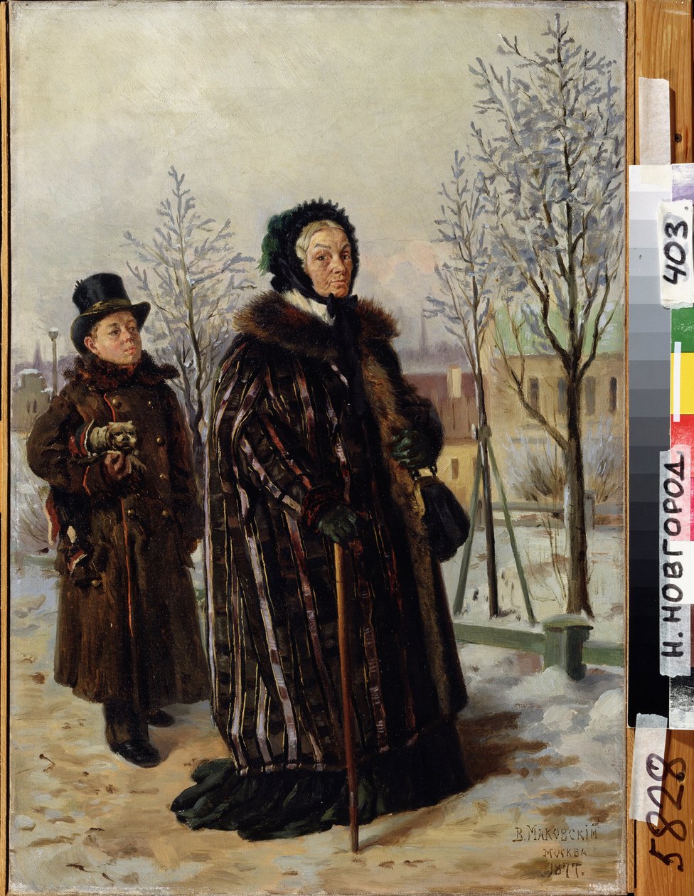 Gang av en gammel dame. (En gammel damevandring). Når hun går på stien til en snødekt park, blir hun fulgt av en ung mann som bærer sin lille hund. Maleri av Vladimir Yegorovich Makovsky (Makovsky, Makovskij) (1846-1920), olje på lerret av Vladimir Egorovic Makovsky