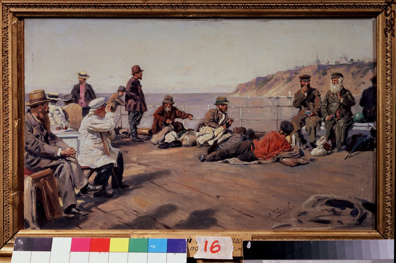 På dekk (On the Deck). Reisende i alle klasser på en båt som går langs kysten. Maleri av Vladimir Yegorovich Makovsky (Makovsky, Makovskij) (1846-1920), olje på lerret av Vladimir Egorovic Makovsky