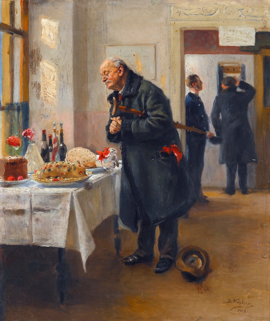 ""En gastronom"" (Gastronom) En mann som gnir hendene foran en god buffet - Maleri av Vladimir Makovsky (Makovski) (1846-1920) av Vladimir Egorovic Makovsky