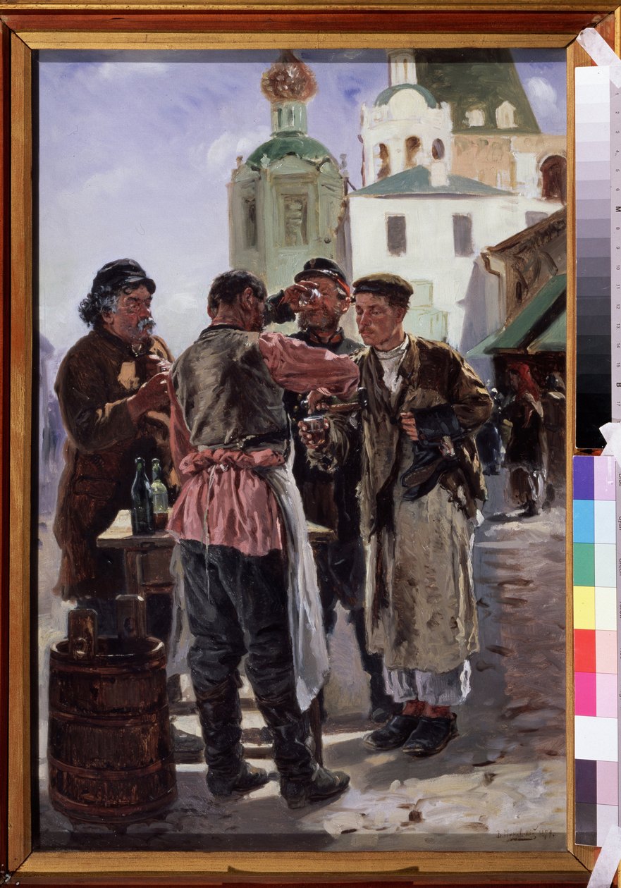 Selger av Kvass (Kwass) (Kvas selger). Fermentert og sprudlende drikk, lett alkoholholdig og populær, med kallenavnet brødøl, russisk nasjonaldrikk. Maleri av Vladimir Yegorovich Makovsky (Makovsky, Makovskij) (1846-1920), olje på lerret av Vladimir Egorovic Makovsky