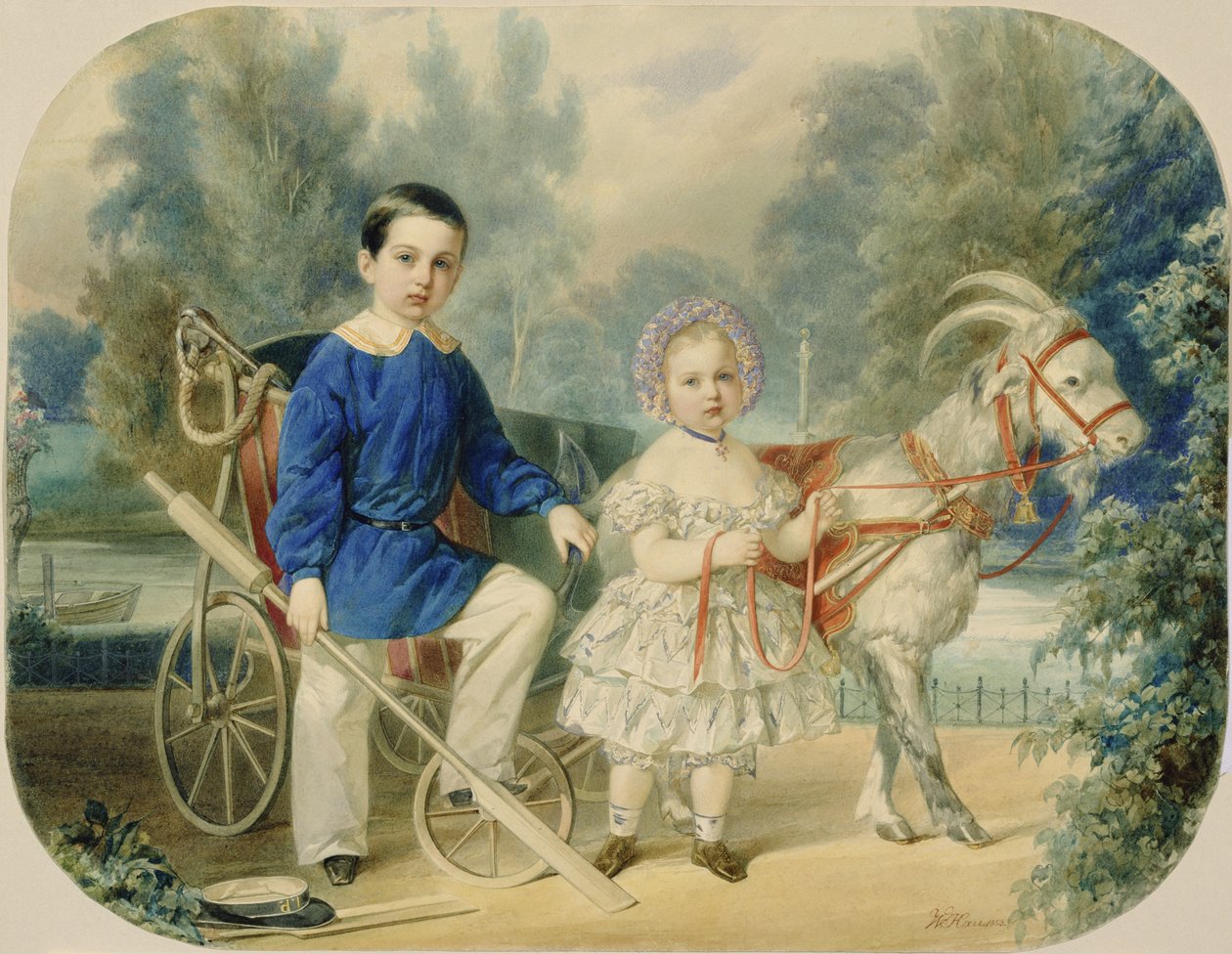 Storhertug Alexander og storhertug Alexey som barn, 1853 (wc på papp) av Vladimir Ivanovich Hau