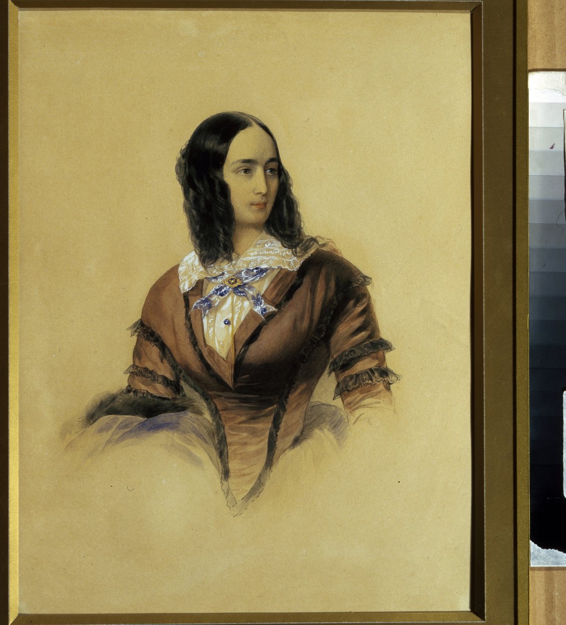 Portrett av Natalie Goncharova (1812-1863), kone til poeten Alexander Pushkin (1799-1837). (Portrett av Natalia Pushkina, kona til A. Pushkin). Verk av Vladimir Ivanovich Hau (Gau) (1816-1895), akvarell på papp av Vladimir Ivanovich Hau