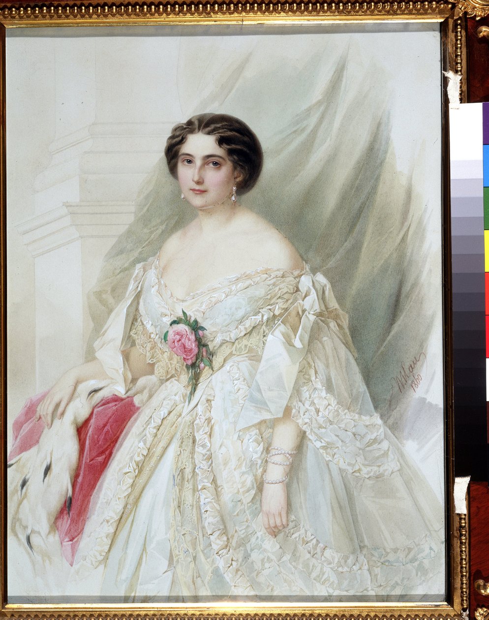 ""Portrett av en dame med en pelskappe"" Hun er kledd i en hvit kjole med bånd, øredobber og armbånd. Akvarell av Vladimir Hau (Gau) (1816-1895) 1860 Privat samling av Vladimir Ivanovich Hau