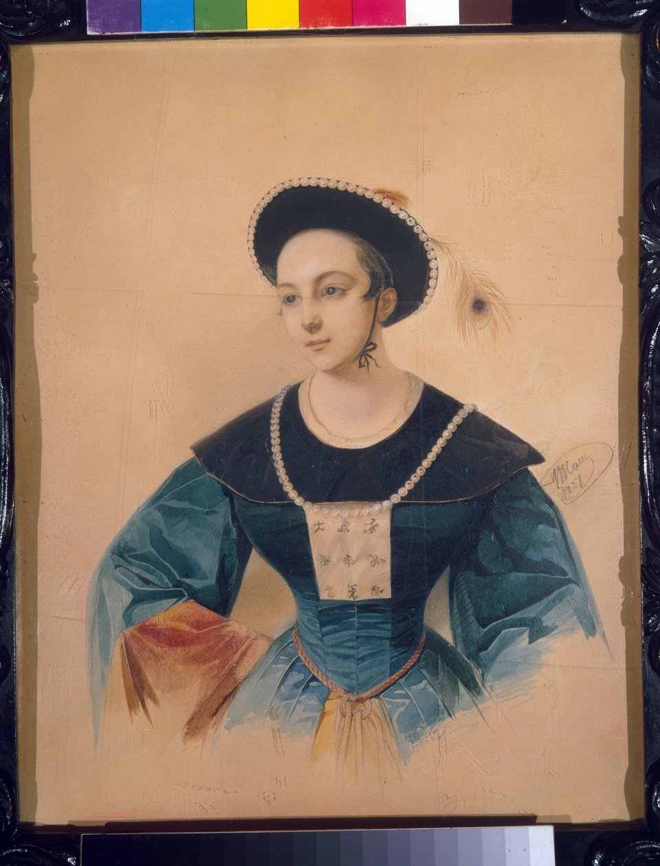 Portrett av sopranen Anna Stepanova (1816-1838) for rollen som Peki i Daniel Aubers bronsehest (1782-1871). (Portrett av operasangeren A. Stepanova som Peki i Bronsehesten av D. Auber). Verk av Vladimir Ivanovich Hau (Gau) (1816-1 av Vladimir Ivanovich Hau