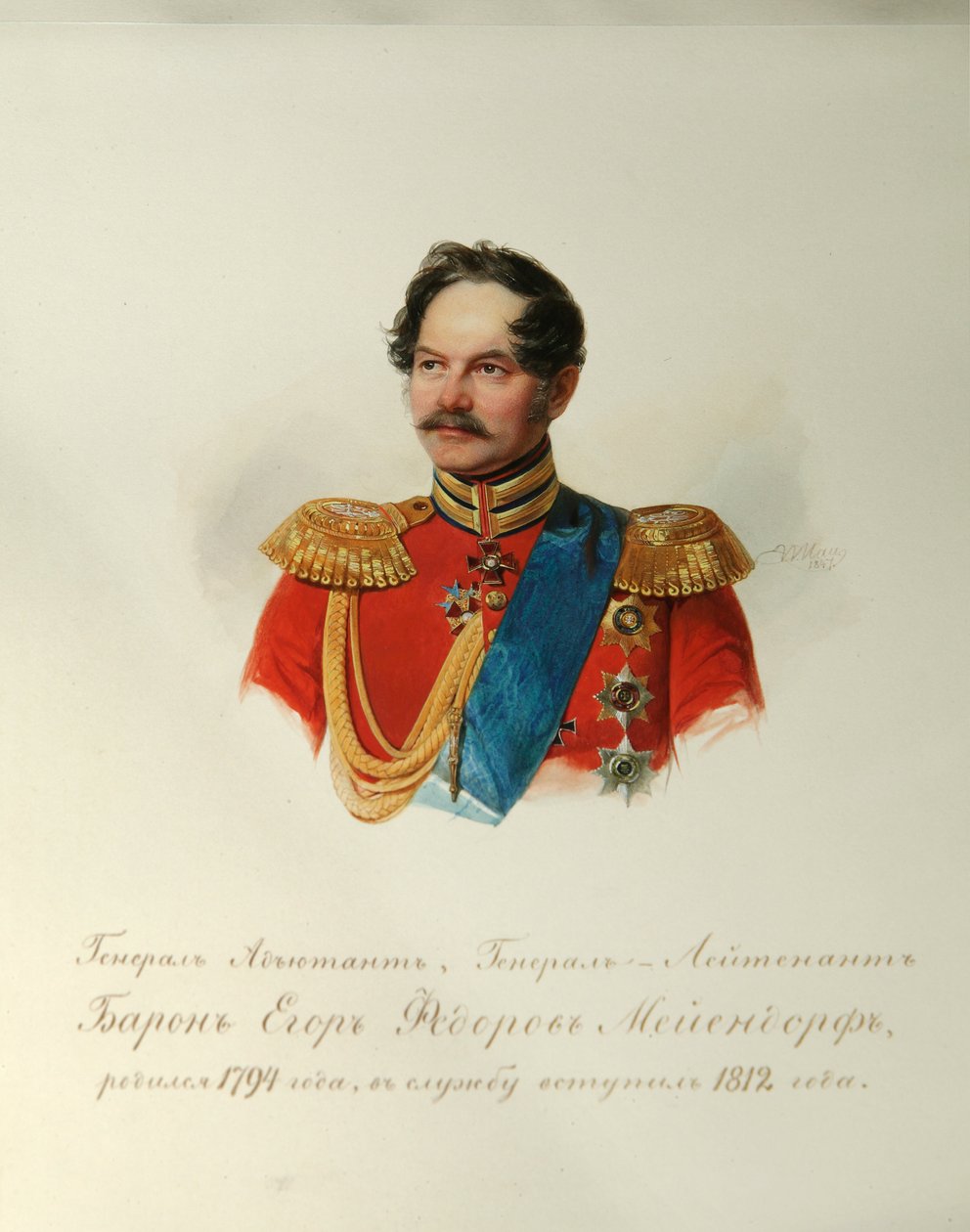 Portrett av general Yegor Fyodorovich Meiendorf (1794-1879) (Fra albumet til de keiserlige hestevaktene) - Hau (Gau), Vladimir Ivanovich (1816-1895) - 1846-1849 - Akvarell på papir - Institutt for russisk litteratur IRLI (Pushkin) -Hus), St Petersburg av Vladimir Ivanovich Hau