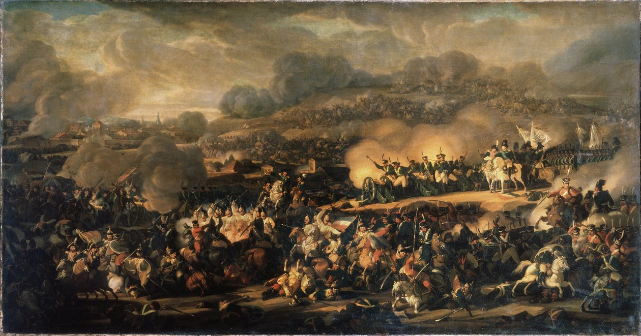 La Bataille des Nations a Leipzig (Tyskland) i oktober 1813. (The Battle of Nations of Leipzig i oktober 1813). Også kalt slaget ved Leipzig, det var det største nederlaget som Napoleons Grande Armee (1769-1821) led. Maleri av Vladimir I av Vladimir Ivanovich Moshkov