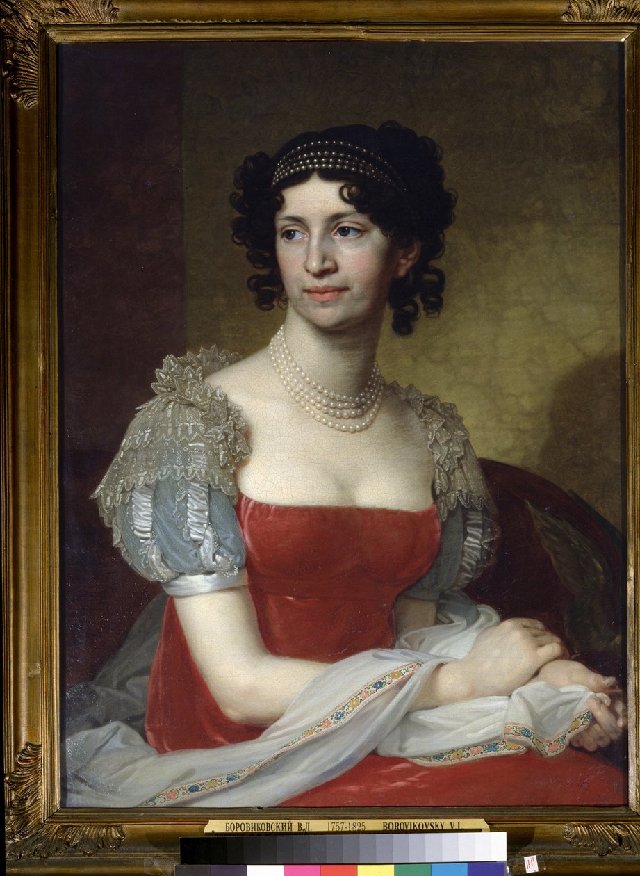 ""Portrett av prinsesse Margarita Dolgorukaya (1785-1814)"" Hun bærer et perlekjede og tiara. Maleri av Vladimir Lukich Borovikovsky (eller Borovikovsky) (1757-1825) 1785 State Tretyakov Gallery, Moskva av Vladimir Lukich Borovikovsky