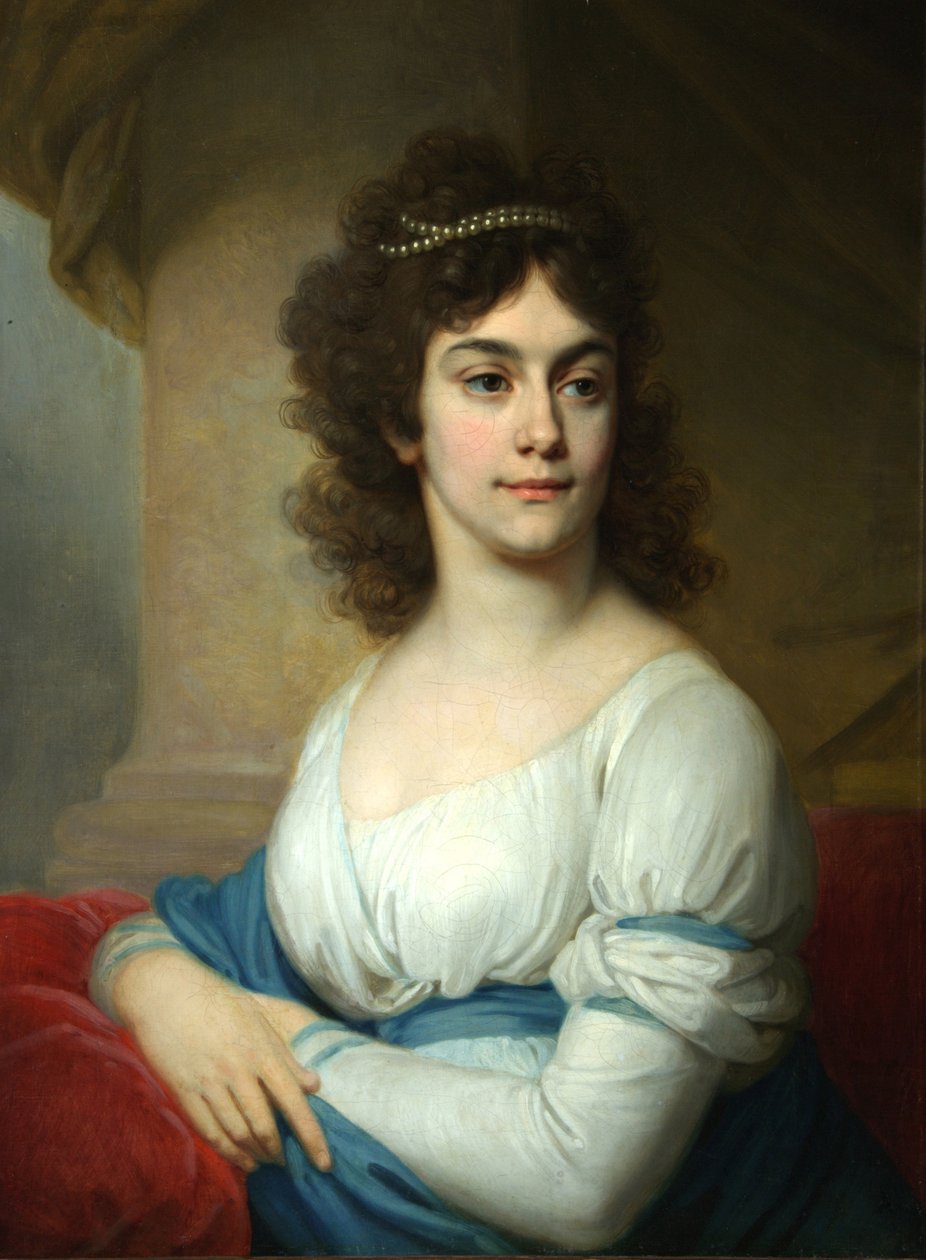 Portrett av en ukjent kvinne i hvit kjole med blått bånd, slutten av 1790-tallet av Vladimir Lukich Borovikovsky