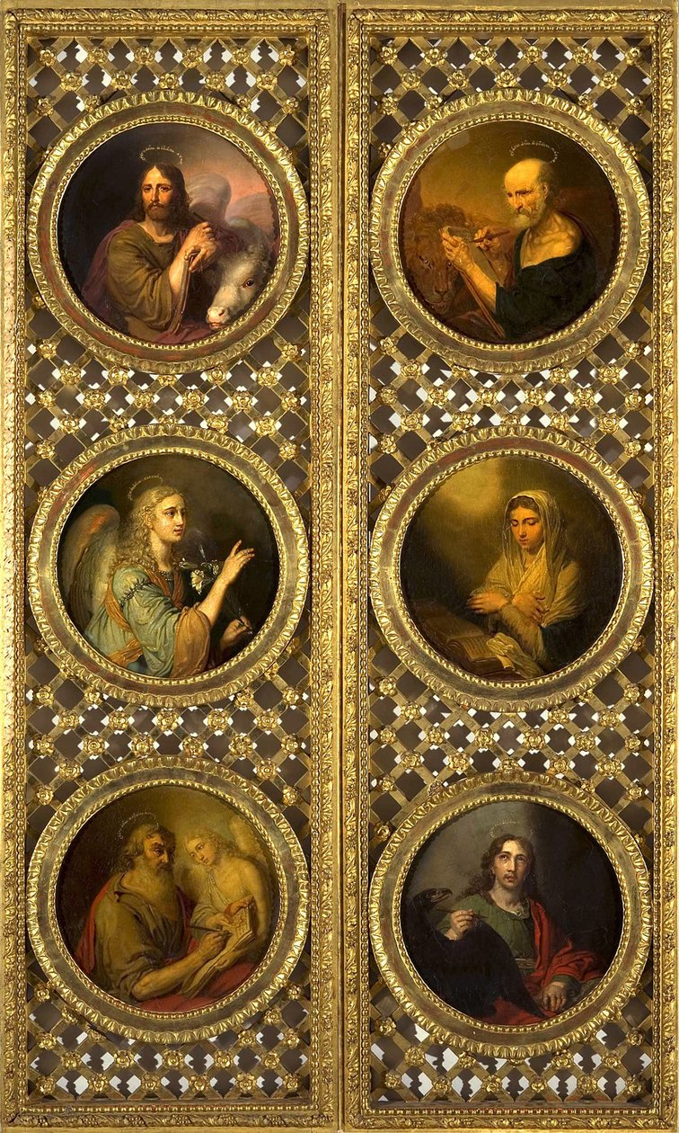 Kongelige dører med Kristus, jomfruen, erkeengelen Gabriel og de fire evangelistene, 1804-09 (olje på presset papp) av Vladimir Lukich Borovikovsky