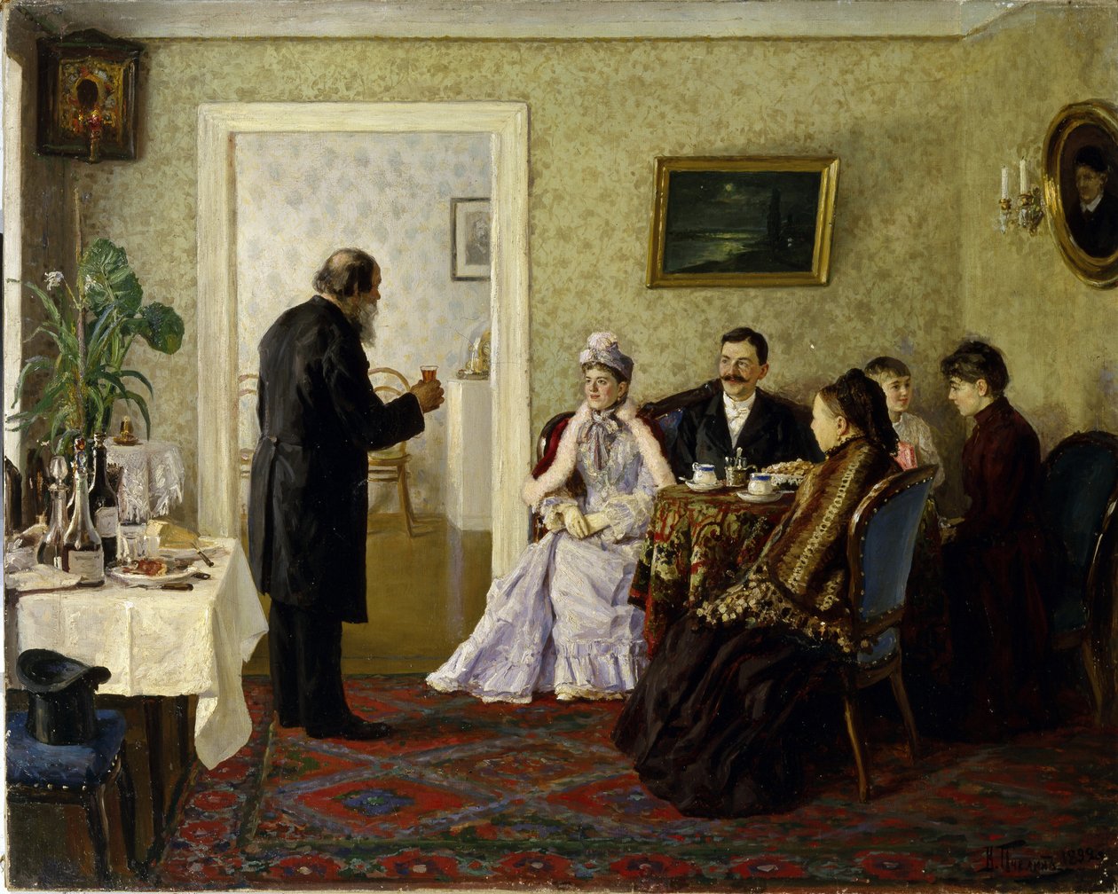 De nygifte på besøk hos svigerfaren. (Nygifte på besøk hos svigerfar). Maleri av Vladimir Nikolayevich Pchelin (1869-1941), olje på lerret av Vladimir Nikolayevich Pchelin