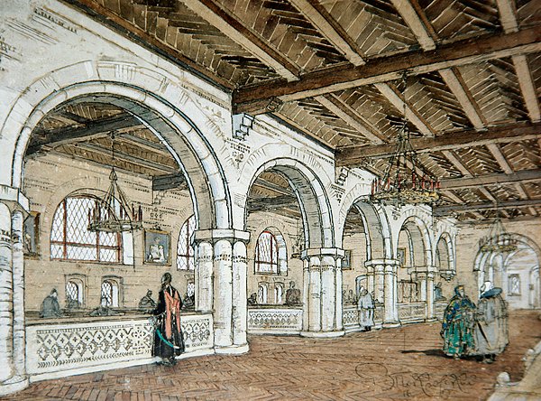 Design for interiøret i en bank, basert på 1600-tallsstil av Vladimir Pokrovsky