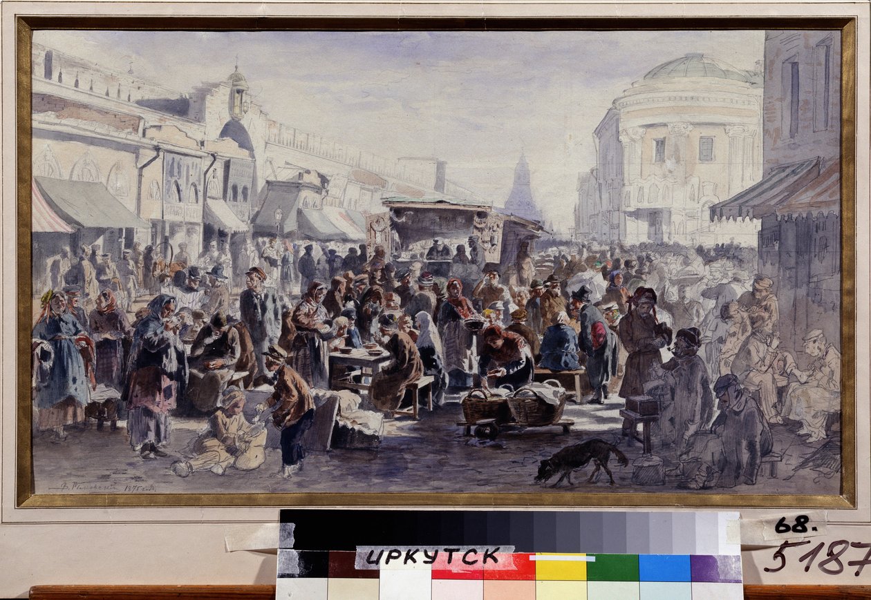 Loppemarkedet i Moskva (Russland) (The Second Hand Market In Moscow). Gatebilde, med karakterer i flekkete og lappede klær, noen spiser ved bordene foran en brakke, andre ser på varene som tilbys, atter andre gjemmer seg av Vladimir Yegorovich Makovski
